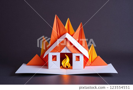 illustrative illustration of a house made of paper that is in flames and fire has broken out illustrative illustration of a house made of paper that is in flames and fire has broken out 123554551