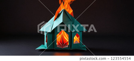illustrative illustration of a house made of paper that is in flames and fire has broken out illustrative illustration of a house made of paper that is in flames and fire has broken out 123554554