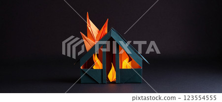 illustrative illustration of a house made of paper that is in flames and fire has broken out illustrative illustration of a house made of paper that is in flames and fire has broken out 123554555