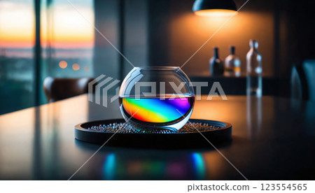 illustrative representation of light refracting into its spectrum in rainbow colors in and through glass, properties of light - ai generated illustrative representation of light refracting into its spectrum in rainbow colors in and through glass, properties of light - ai generated 123554565