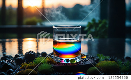 illustrative representation of light refracting into its spectrum in rainbow colors in and through glass, properties of light - ai generated 123554566