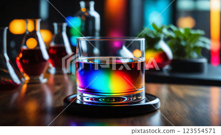 illustrative representation of light refracting into its spectrum in rainbow colors in and through glass, properties of light - ai generated 123554571