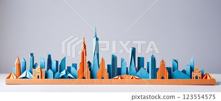 Illustrative depiction of a cityscape or skyline made of paper and designed against a dark background - ai generated 123554575