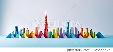 Illustrative depiction of a cityscape or skyline made of paper and designed against a dark background - ai generated 123554576
