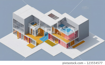 Illustrative isometric view of a new, modern and clearly architecturally planned house with insight into the room layouts, new modern architecture, architectural drawing 123554577