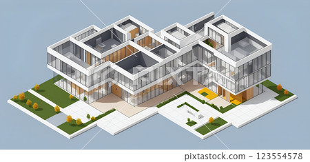 Illustrative isometric view of a new, modern and clearly architecturally planned house with insight into the room layouts, new modern architecture, architectural drawing 123554578