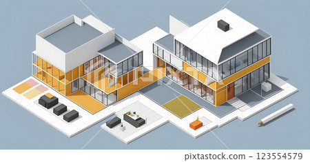 Illustrative isometric view of a new, modern and clearly architecturally planned house with insight into the room layouts, new modern architecture, architectural drawing 123554579