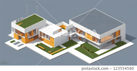 Illustrative isometric view of a new, modern and clearly architecturally planned house with insight into the room layouts, new modern architecture, architectural drawing 123554580