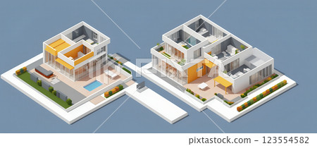 Illustrative isometric view of a new, modern and clearly architecturally planned house with insight into the room layouts, new modern architecture, architectural drawing 123554582