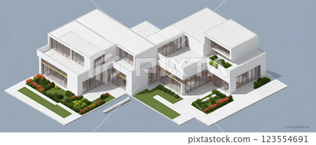 Illustrative isometric view of a new, modern and clearly architecturally planned house with insight into the room layouts, new modern architecture, architectural drawing 123554691