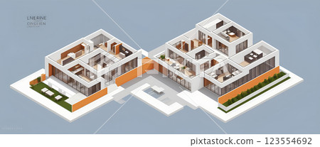 Illustrative isometric view of a new, modern and clearly architecturally planned house with insight into the room layouts, new modern architecture, architectural drawing 123554692