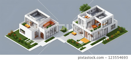 Illustrative isometric view of a new, modern and clearly architecturally planned house with insight into the room layouts, new modern architecture, architectural drawing 123554693