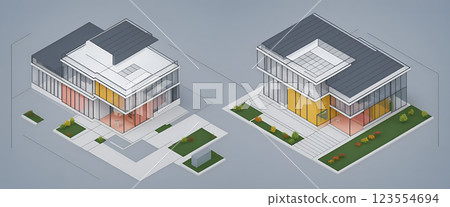 Illustrative isometric view of a new, modern and clearly architecturally planned house with insight into the room layouts, new modern architecture, architectural drawing 123554694