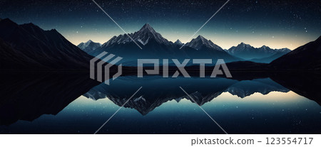 illustrative depiction of a panorama of a mountain landscape with a lake reflecting the mountainous surroundings 123554717