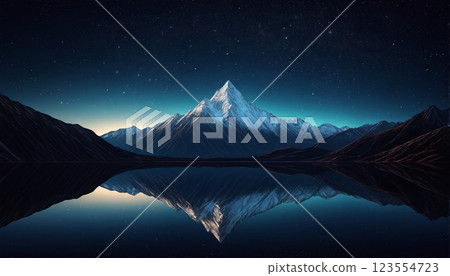 illustrative depiction of a panorama of a mountain landscape with a lake reflecting the mountainous surroundings 123554723