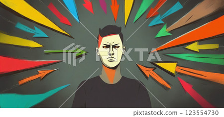 Illustrative graphic depiction of a person surrounded by drawn arrows in different directions, agony of choice and decision making 123554730
