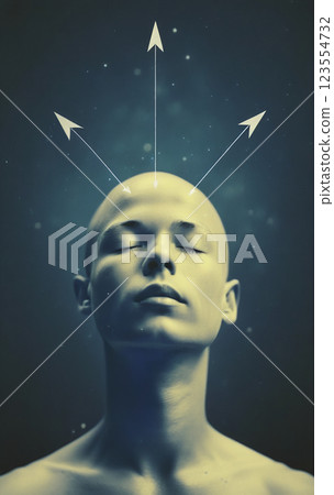 Illustrative graphic depiction of a thinking person surrounded by drawn arrows in different directions, agony of choice and decision making 123554732