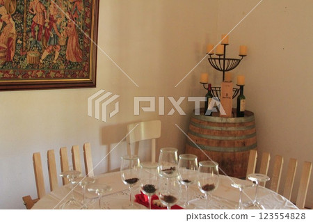 Serving wine and food at a winery at Santa Cruz Chile 123554828