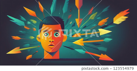 Illustrative graphic depiction of a person surrounded by drawn arrows in different directions, agony of choice and decision making 123554979