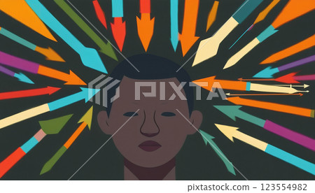 Illustrative graphic depiction of a person surrounded by drawn arrows in different directions, agony of choice and decision making 123554982