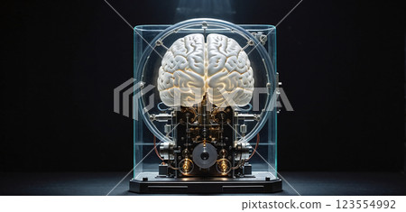 Illustrative representation of a human brain modified with technology and microelectronics, artificial intelligence and the technological modification of the brain 123554992