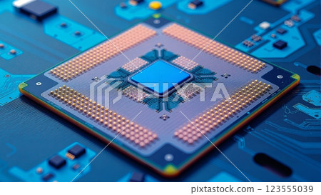 Close-up of a modern CPU, revealing intricate internals for AI and complex computations 123555039