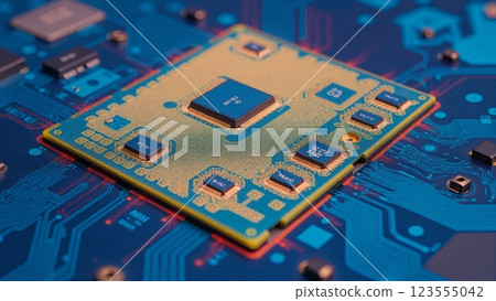 Close-up of a modern CPU, revealing intricate internals for AI and complex computations Close-up of a modern CPU, revealing intricate internals for AI and complex computations 123555042