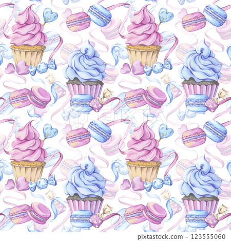 Seamless watercolor desserts pattern with macarons and cupcakes in blue and pink 123555060