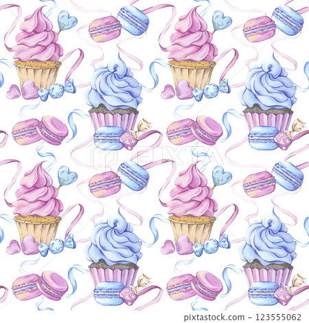 Seamless watercolor sweets pattern in blue and pink 123555062