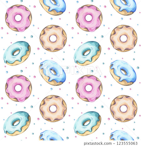 Donuts with colorful glaze hand-drawn seamless watercolor pattern on white background. Donuts with colorful glaze hand-drawn seamless watercolor pattern on white background. 123555063