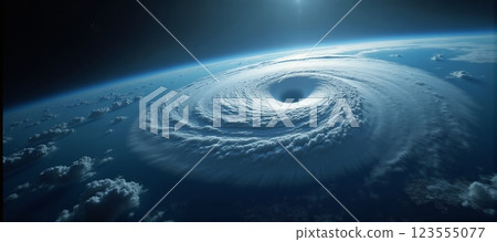 Large-scale cyclone or hurricane that originated in the ocean and is heading for land, causing damage with high wind speeds, satellite image - ai generated Large-scale cyclone or hurricane that originated in the ocean and is heading for land, causing damage with high wind speeds, satellite image - ai generated 123555077