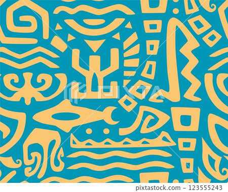 Polynesian motifs. Tiki seamless pattern. Aztec textile print.Geometric, vector background. Suitable for printing on fabric and paper, for parties. Polynesian motifs. Tiki seamless pattern. Aztec textile print.Geometric, vector background. Suitable for printing on fabric and paper, for parties. 123555243