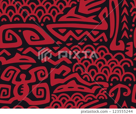Polynesian motifs. Tiki seamless pattern. Aztec textile print.Geometric, vector background. Suitable for printing on fabric and paper, for parties.  123555244