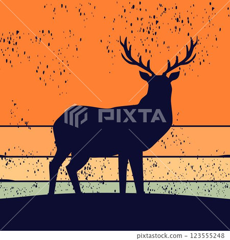 Retro sunset forest.Deer. 80s style grunge striped sunsets.Tourism or travel concept, adventure logo. Vector illustration.  123555248