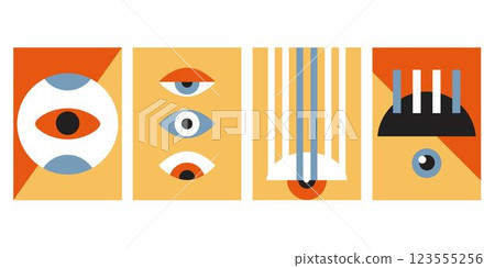 Minimal geometric design of the 20s with eyes. Bauhaus eye. Abstract vector template with elements of primitive forms, modern hipster style. Minimal geometric design of the 20s with eyes. Bauhaus eye. Abstract vector template with elements of primitive forms, modern hipster style. 123555256