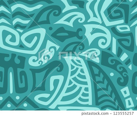 Polynesian motifs. Tiki seamless pattern. Aztec textile print.Geometric, vector background. Suitable for printing on fabric and paper, for parties.  123555257