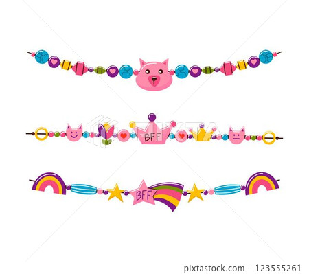 Friendship bracelet vector set. Handmade jewelry. Doodle illustration. Friendship bracelet vector set. Handmade jewelry. Doodle illustration. 123555261