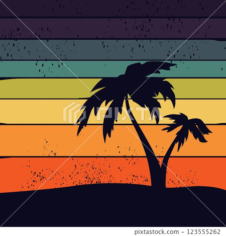 Retro sunset beach. 80s style grunge striped sunsets.Tourism or travel concept, adventure logo. Vector illustration. 123555262