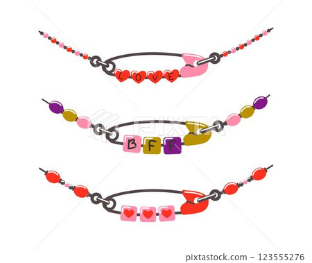 Friendship bracelet vector set. Handmade jewelry. Doodle illustration. 123555276