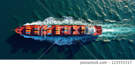 Aerial view on large commercial freighter transports a wide variety of goods on oceans around the world on sea routes 123555317