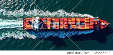 Aerial view on large commercial freighter transports a wide variety of goods on oceans around the world on sea routes 123555328