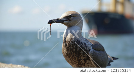 Seabird soiled with crude oil from an oil tanker in its natural environment, oil spill and pollution from heavy oil leaks from damaged oil transport ships 123555334