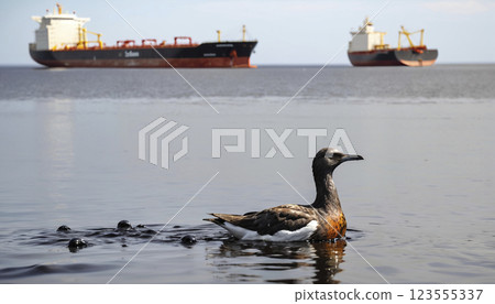 Seabird soiled with crude oil from an oil tanker in its natural environment, oil spill and pollution from heavy oil leaks from damaged oil transport ships 123555337