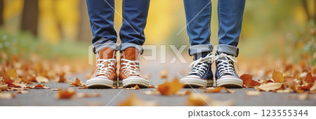A couple walks comfortably along a hiking trail on an autumn day and enjoys the fall and the colorful leaves - ai generated 123555344