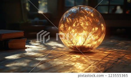 A magic ball on which the rays of the sun fall, forming an intricate and magical drawing of a growing tree inside it, stands on a wooden table in a dark room 123555365