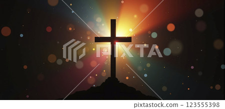 Silhouetted christian cross silhouette with glowing light - ai generated 123555398