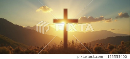 Silhouetted christian cross silhouette with glowing light - ai generated 123555400
