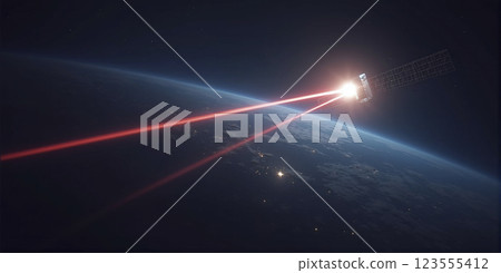 illustrative representation of a satellite receiving, transmitting and relaying signals from the earth's surface - ai generated 123555412