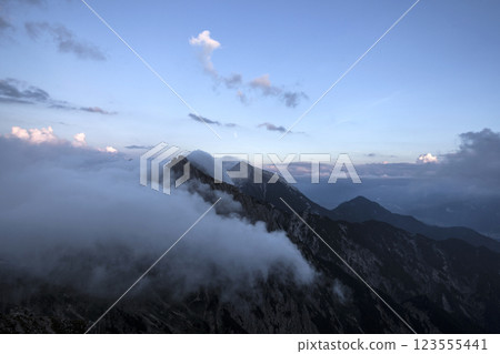 Panoramic view Freyungen mountains  from Nordlinger hut on Karwendel Hohenweg, Austria 123555441