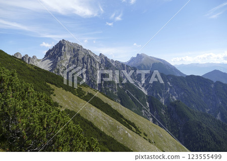 Panoramic view from Nordlinger hut on Karwendel Hohenweg, Austria Panoramic view from Nordlinger hut on Karwendel Hohenweg, Austria 123555499